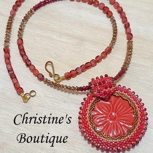 Handcrafted Gemstone necklace, cherry quartz with center ceramic medalion